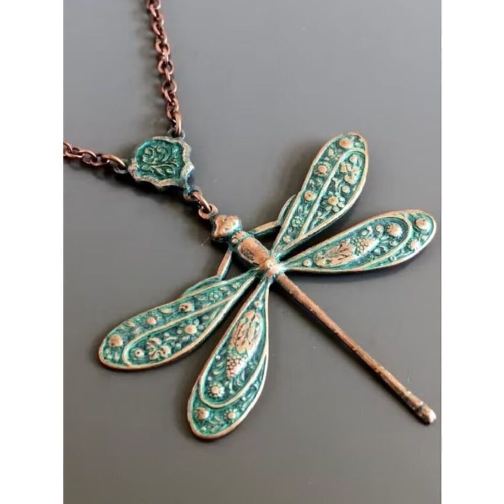 NWT Dragonfly Necklace Aged Copper Verdigris Patina